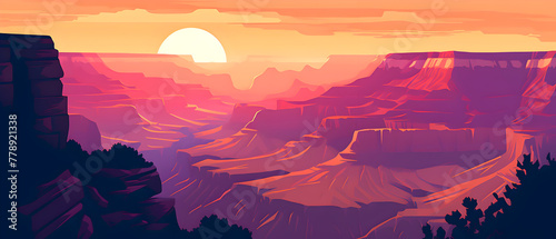 The Grand Canyon at sunset. Illustration with the mountains landscape.