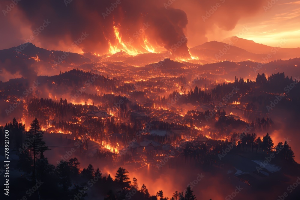 A panoramic view of the Black Forest engulfed in flames, with trees and vegetation burning on rolling hills under dark smokefilled skies.