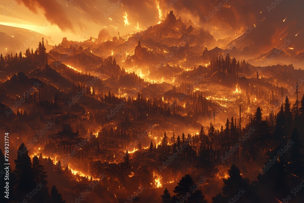 A panoramic view of the forest on fire, with trees engulfed in flames and smoke filling the air. The background shows rolling hills covered by burning forests