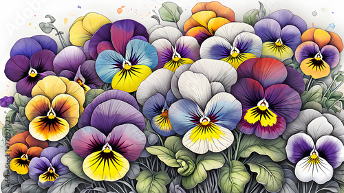 bright colorful pansies background. pansy flowers painted with watercolors photo