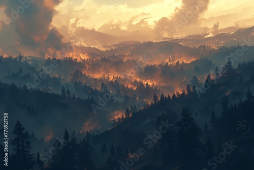 A panoramic view of the forest on fire, with trees engulfed in flames and smoke filling the air. 