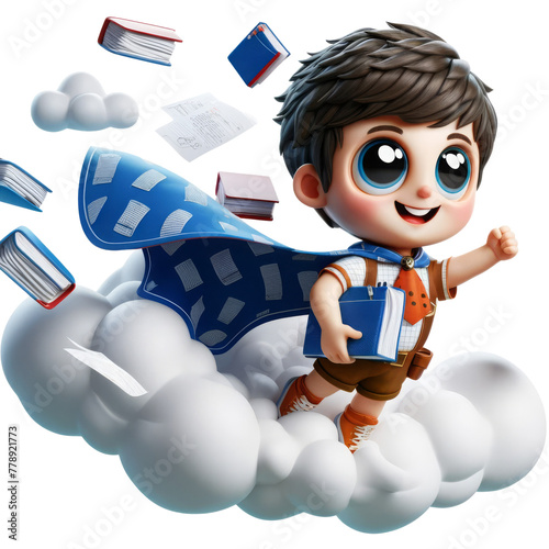 An exuberant young boy with a winged backpack takes flight on a rocket made of clouds and books, symbolizing a thrilling educational journey © NAPATSAWAN