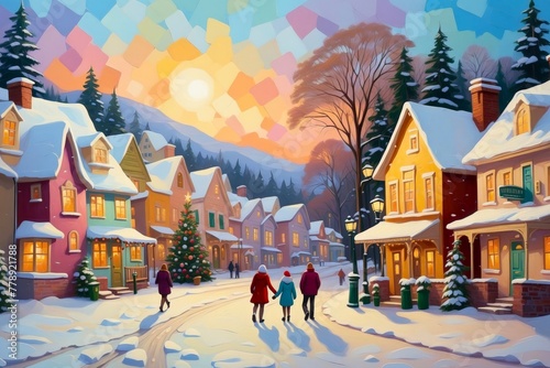 Colorful christmas snowy winter village landscape illustration, holiday seasonal theme concept. 
