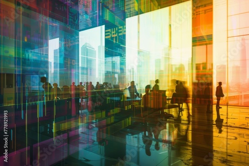 Businesspeople in Corporate Office, Abstract Light Streaks
