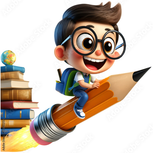 Animated boy with glasses flies on a pencil rocket past a stack of books, symbolizing fun education