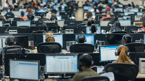 A bustling call center with rows of agents fielding customer inquiries and providing support © AI Studio - R