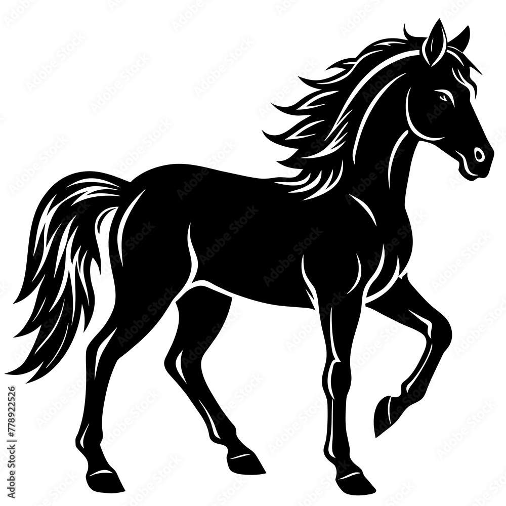 Obraz premium horse illustration, black horse silhouette vector illustration,icon,svg,animals,acoustic horse characters,Holiday t shirt,Hand drawn trendy Vector illustration,horse on black background