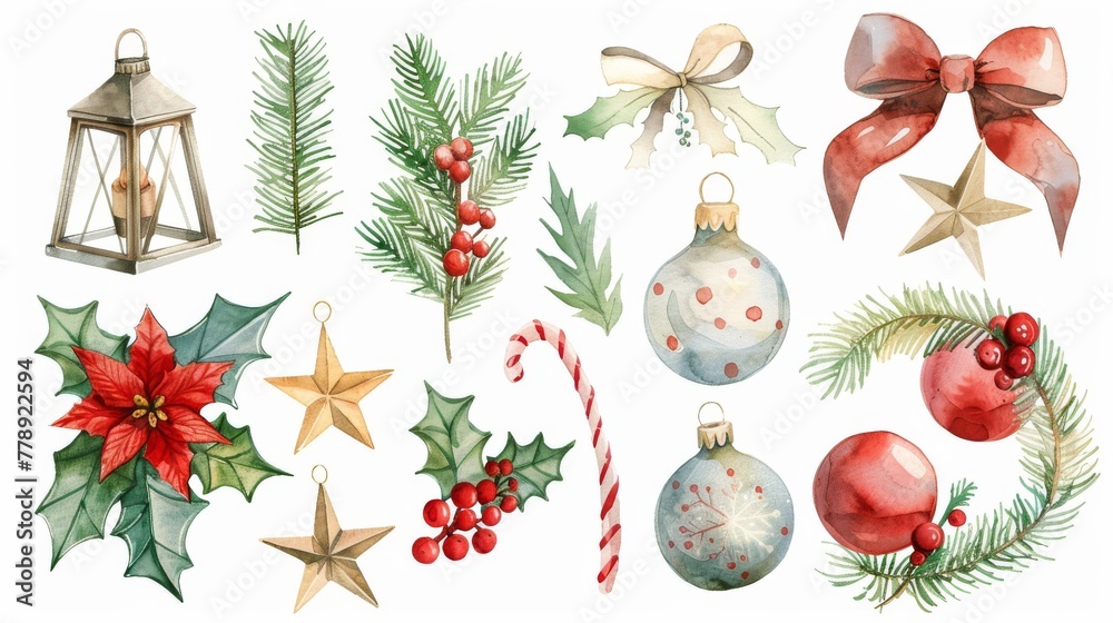 The watercolor elements of the holiday season are bright and colorful The watercolor elements of the holiday season are bright and colorful