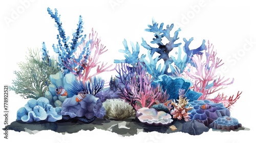 The illustration shows a beautiful underwater composition with a blue coral and a sea life in watercolor.