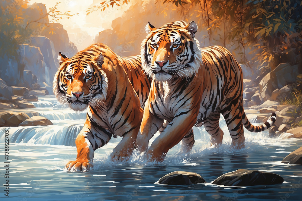 A tiger in sunlight-filled water - obrazy, fototapety, plakaty 