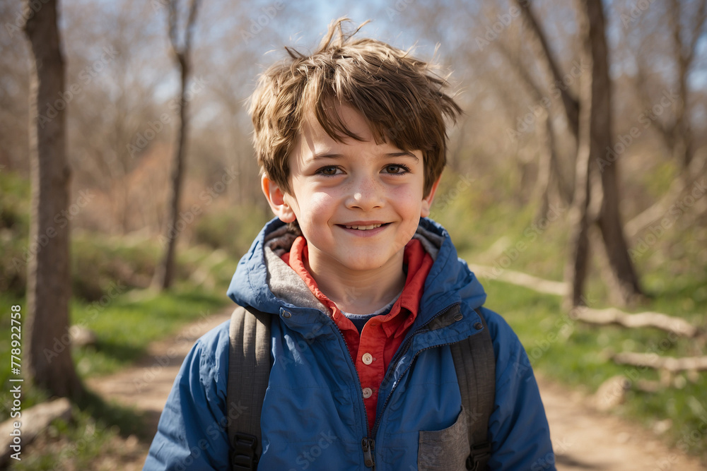 A little boy plays during school spring break in nature