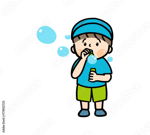帽子をかぶった子供がシャボン玉を吹くイラスト