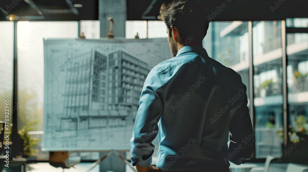 An architect intensely sketches a detailed blueprint of a modern building, with focus on his hands and the precise lines of the emerging architectural draft.