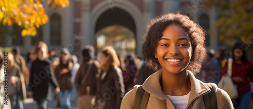 African American woman student with a smile, amidst a crowd on college grounds,