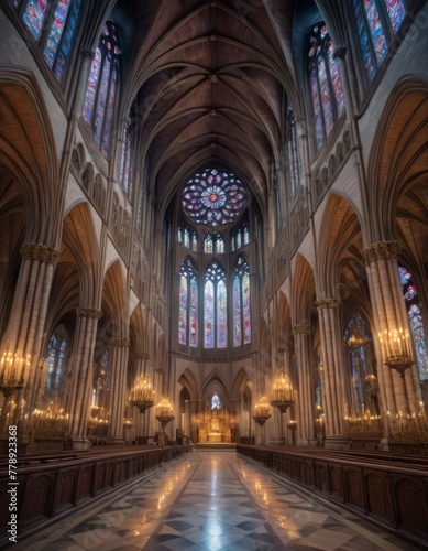 Vaulted ceilings and stained glass windows bathe this cathedral's interior in a serene glow, exemplifying gothic architectural grandeur