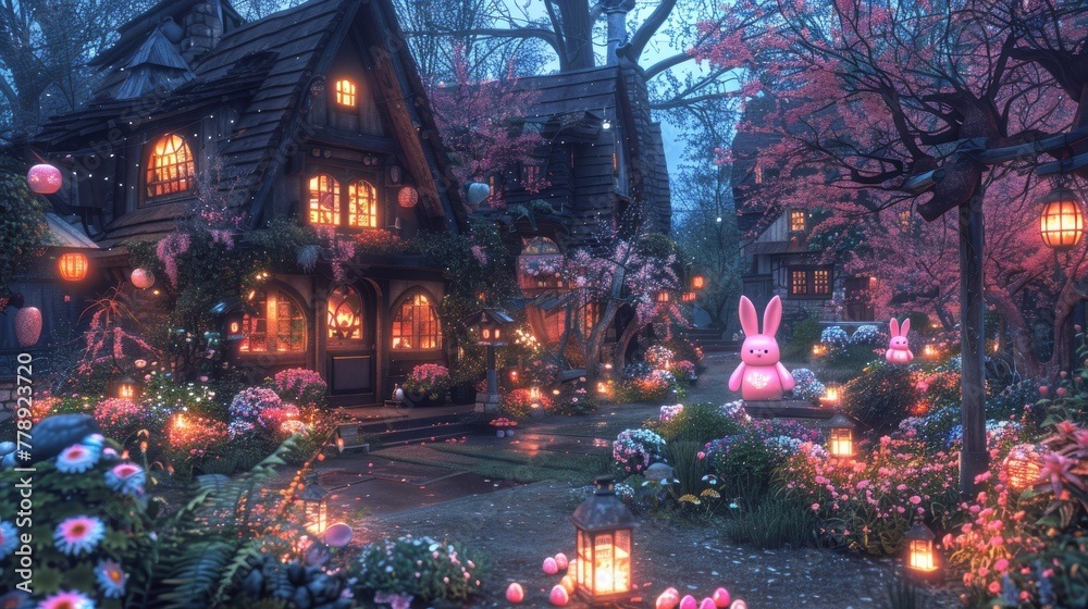  Fairytale house with rabbit in front yard surrounded by flowers & lanterns