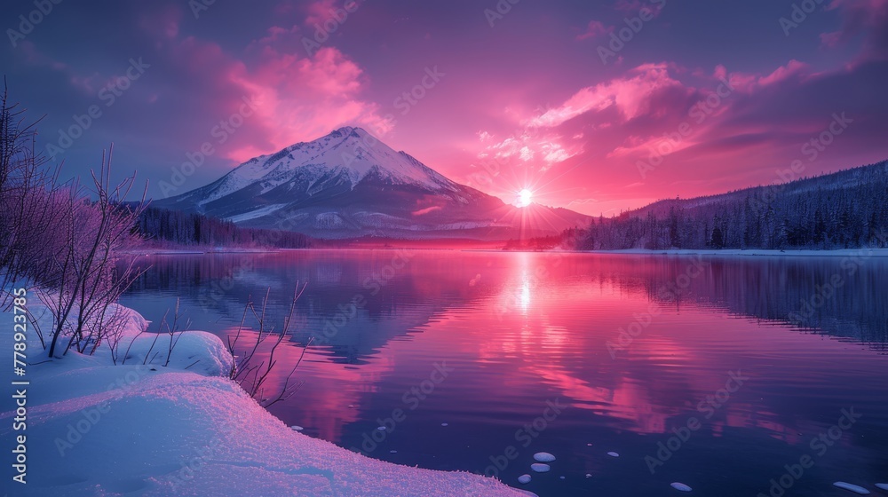   Sunset over mountain with lake in foreground & snowy ground