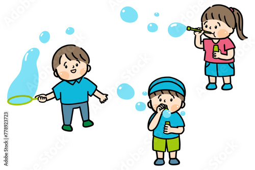 シャボン玉で遊ぶ3人の子どもたちのイラスト