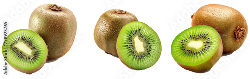 Ripe whole kiwi fruit and half kiwi fruit photo