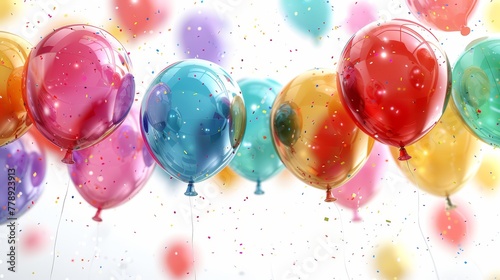 A group of balloons flying in the sky with confetti strewn next to and behind them
