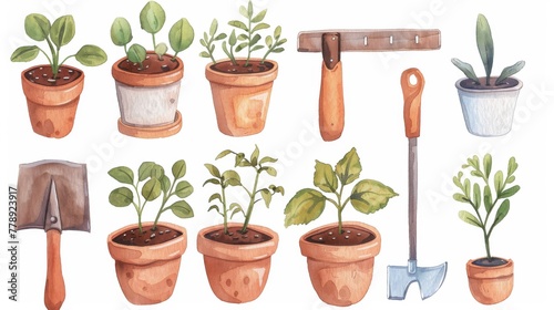 Clipart illustration of garden tools, gardening time set, plants in pots, seedlings, trowels, farm equipment, spring garden illustration.