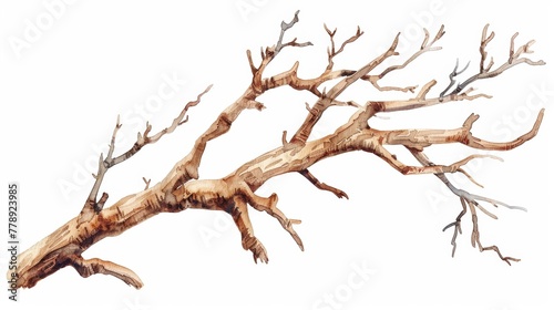 A brown straight twig without leaves. Watercolor illustration. It can be used in rustic print design, eco-friendly packaging, vintage stickers, etc.