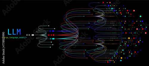 Illustration of abstract stream. Artificial intelligence. Big data, technology, AI, data transfer, data flow, large language model, generative AI, LLM, NLP. NLG