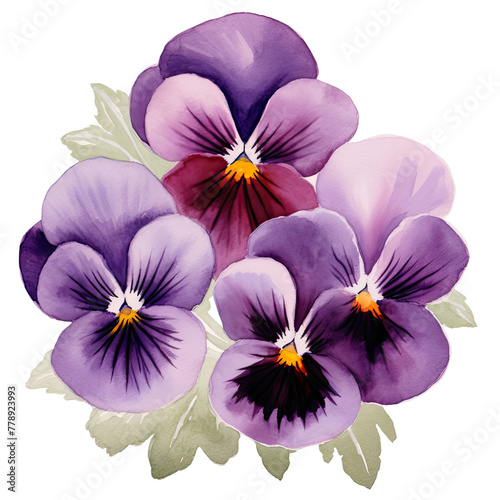 AI-generated watercolor purple Pansy flowers clip art illustration. Isolated elements on a white background.
