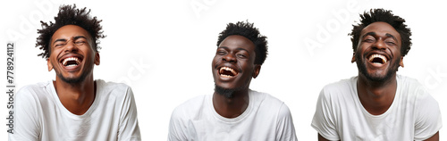 Handsome unshaven young dark-skinned male laughing out loud at funny meme he found on internet, photo