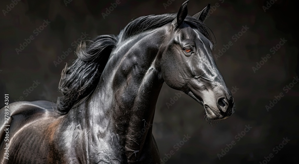 Black horse of the Haflinger breed, on a black background, studio photo Black horse of the Haflinger breed, on a black background, studio photo
