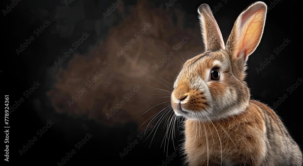 Obraz premium Cute studio portrait of bunny rabbit on a black background, spotlight lamp