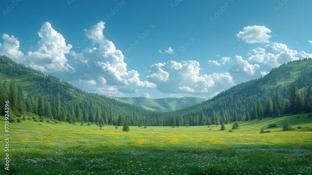 Obraz premium Painting of valley with mountains, trees, and flowers in fg, blue sky w clouds in bg