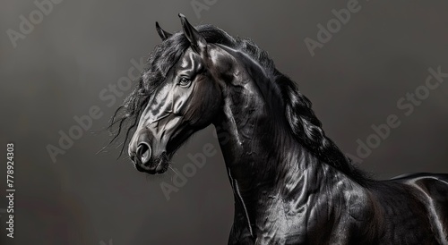 Black horse of the Haflinger breed, on a black background, studio photo