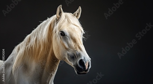 Studio portrait of a white horse of the Haflinger breed of a young steed on a black background  lamp lighting of a spotlight