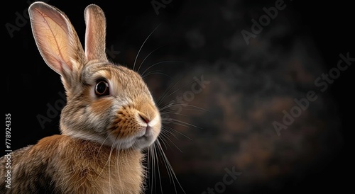 Cute studio portrait of bunny rabbit on a black background, spotlight lamp