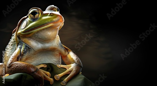 Studio portrait of a bright tropical frog close-up, macro photo, on a black background, in the light of a lamp