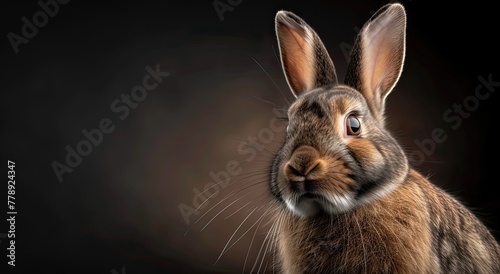 Cute studio portrait of bunny rabbit on a black background  spotlight lamp