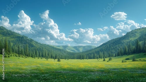   Painting of valley with mountains  trees  and flowers in fg  blue sky w clouds in bg