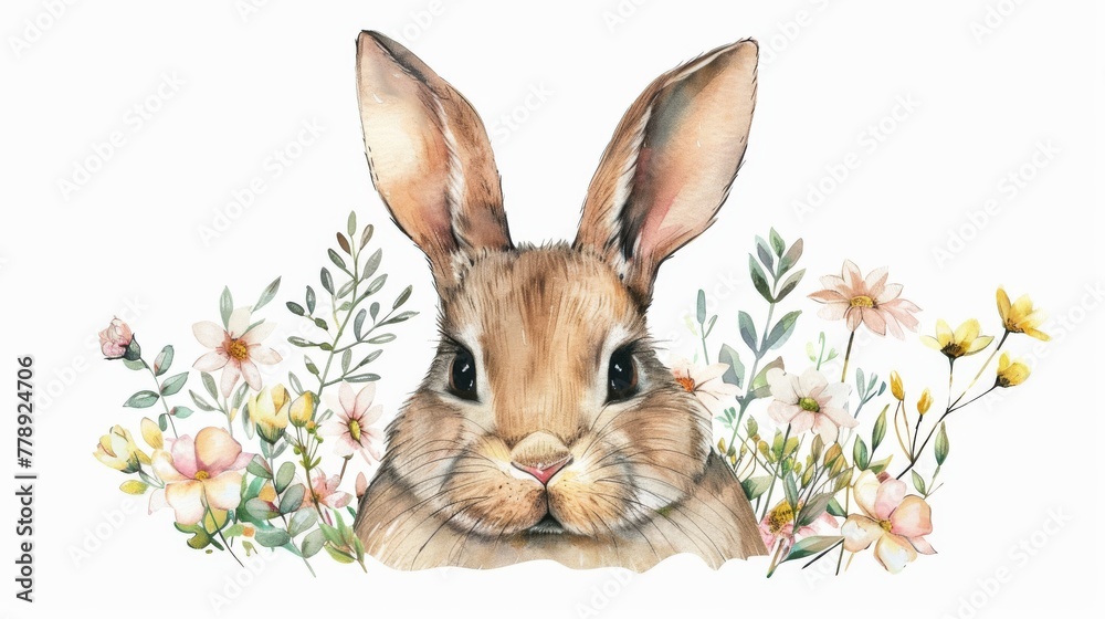 I, a hare, a rabbit, and spring flowers in a watercolor illustration for kids. It is a symbol of Easter, spring. I, a hare, a rabbit, and spring flowers in a watercolor illustration for kids. It is a symbol of Easter, spring.