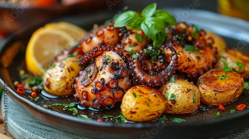   Image of close-up plate with octopus on potatoes and herbs garnish