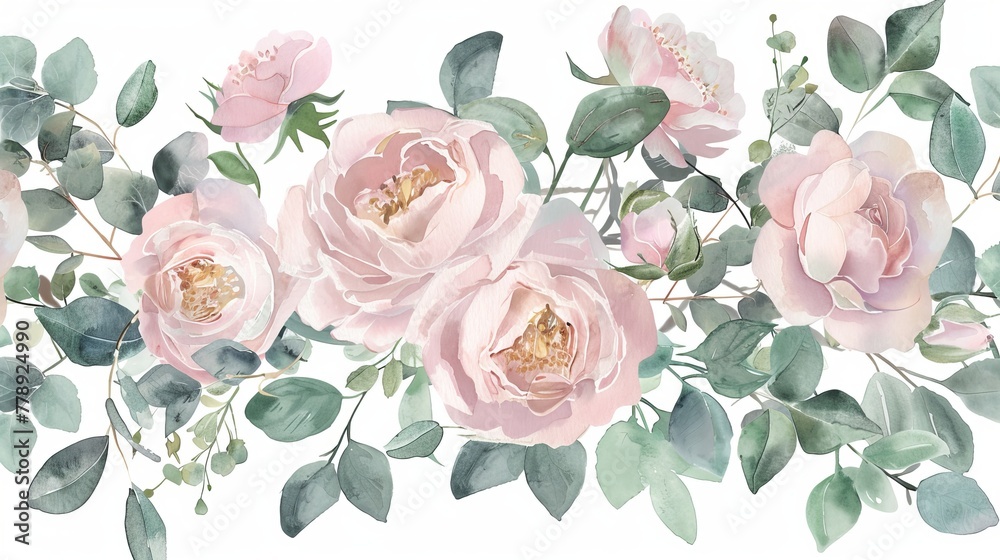 The perfect background for wedding stationary, greetings, fashion, or greeting cards. Pink flowers with eucalyptus leaves. Dusty roses and soft blush peonies.