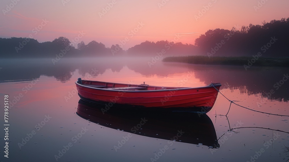   Red boat floats on lake next to green forest under pink-purple sky