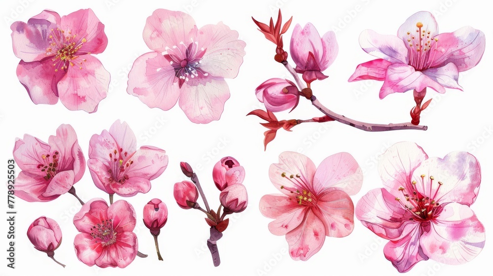 Modern watercolor set of pink flowers. Cherry blossom, sakura in bloom, spring apple elements.