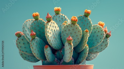  Close-up of a cactus in a pot on a sunny day with a blue sky in the background