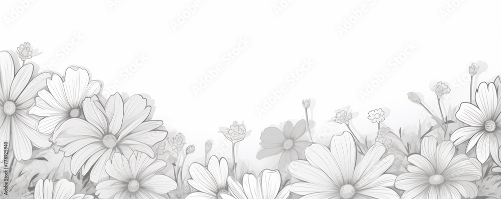Gray and white daisy pattern, hand draw, simple line, flower floral spring summer background design with copy space for text or photo backdrop 