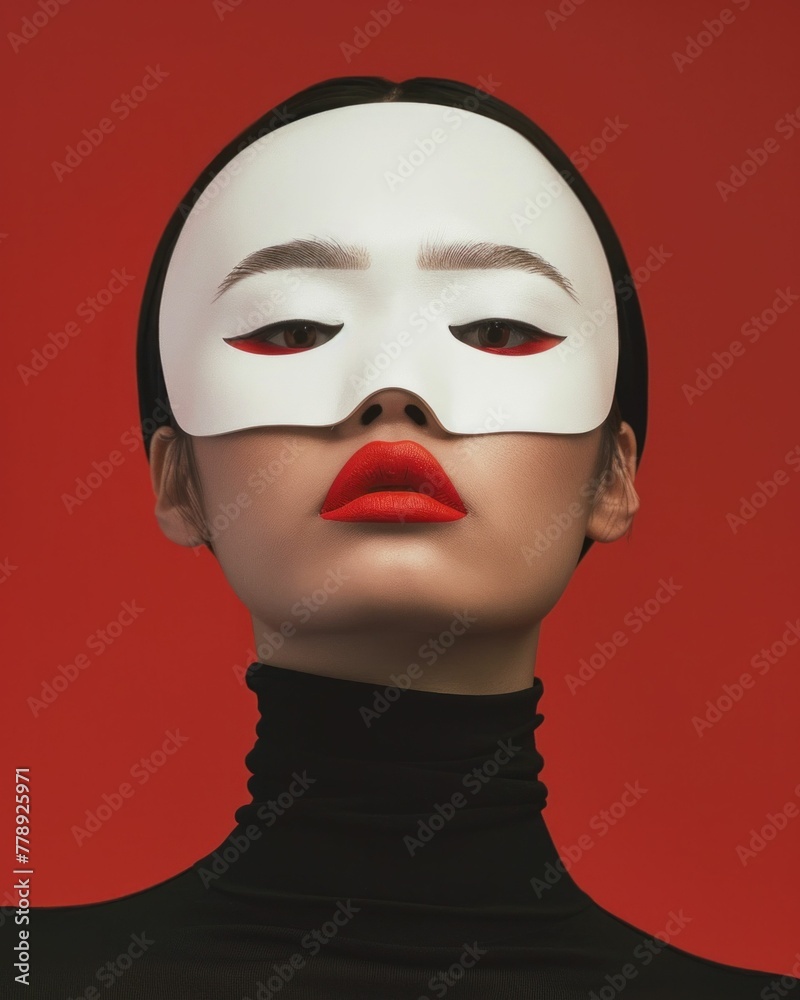 Mysterious woman wearing a white mask and red lipstick posing against a vibrant red background Mysterious woman wearing a white mask and red lipstick posing against a vibrant red background
