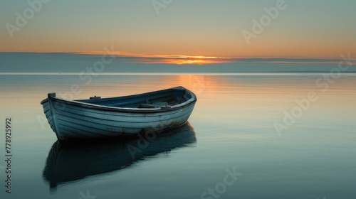  A tiny vessel bobbing on an expansive lake beneath a fading sun