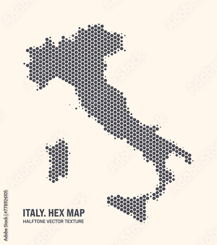 Italy Map Vector Hexagonal Halftone Pattern Isolate On Light Background. Hex Texture in the Form of a Map of Italy. Modern Technological Contour Map of Italy for Design or Business Projects © yamonstro