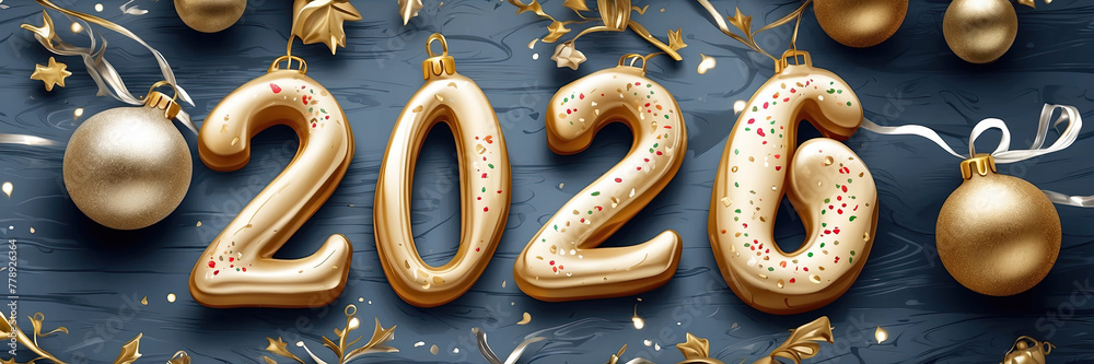 Happy New Year illustration - golden letters and numbers 2026 on festive multicolored Christmas background with sequins, stars, snow. Greetings, postcard. Calendar, cover.  - obrazy, fototapety, plakaty 