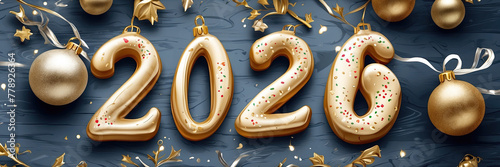 Happy New Year illustration - golden letters and numbers 2026 on festive multicolored Christmas background with sequins, stars, snow. Greetings, postcard. Calendar, cover. 